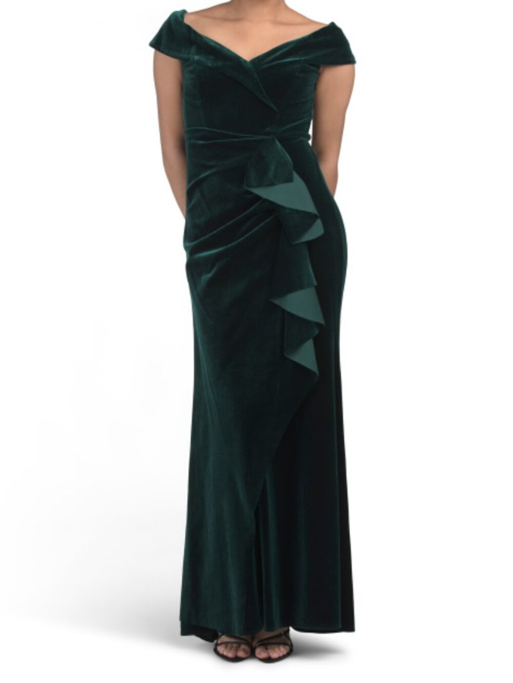 XSCAPE Hunter Velvet Off The Shoulder Gown